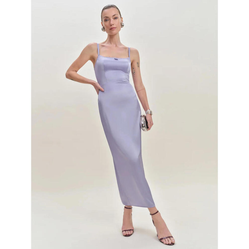 Reformation Lucy Satin Dress – Size 4 - Aura Lavender - Lace Trim Midi Maxi